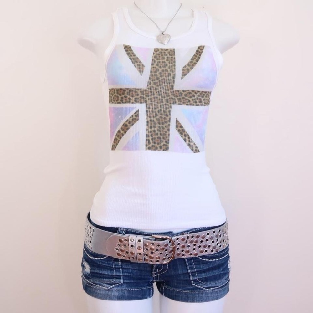 y2k leopard galaxy union jack tank white ribbed indie top